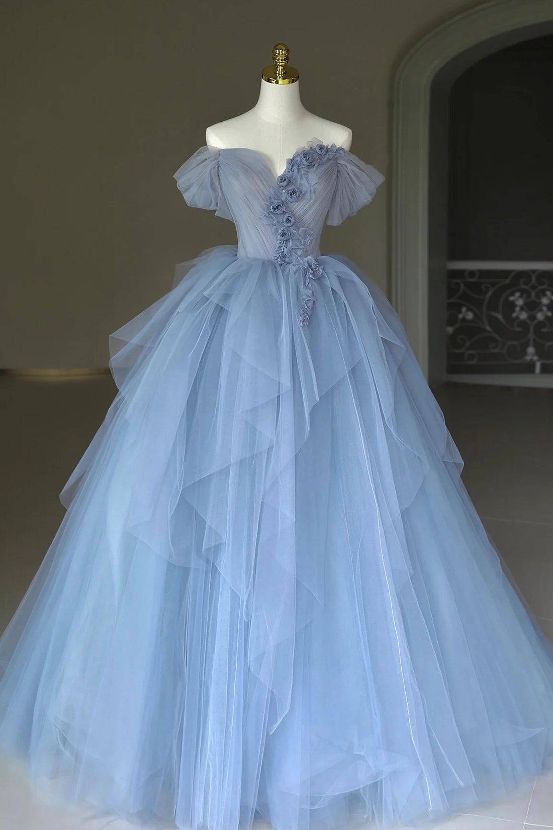 Kyra | Blue Tulle Floor Length Prom Dress, Off the Shoulder Evening Dress with 3D Flowers - Prom Dress - DYAVOR®