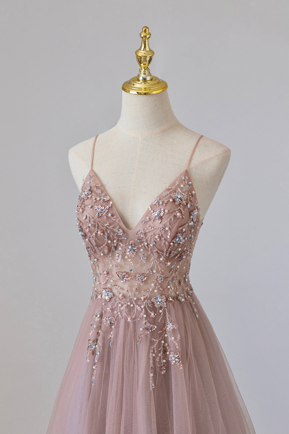 Yareli | Pink Tulle Long A-Line Prom Dress, Pink Spaghetti Formal Dress with Beaded - Prom Dress - DYAVOR®