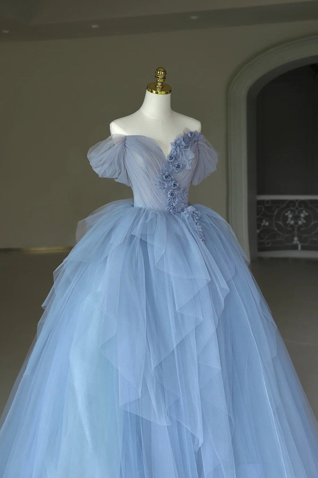 Kyra | Blue Tulle Floor Length Prom Dress, Off the Shoulder Evening Dress with 3D Flowers - Prom Dress - DYAVOR®