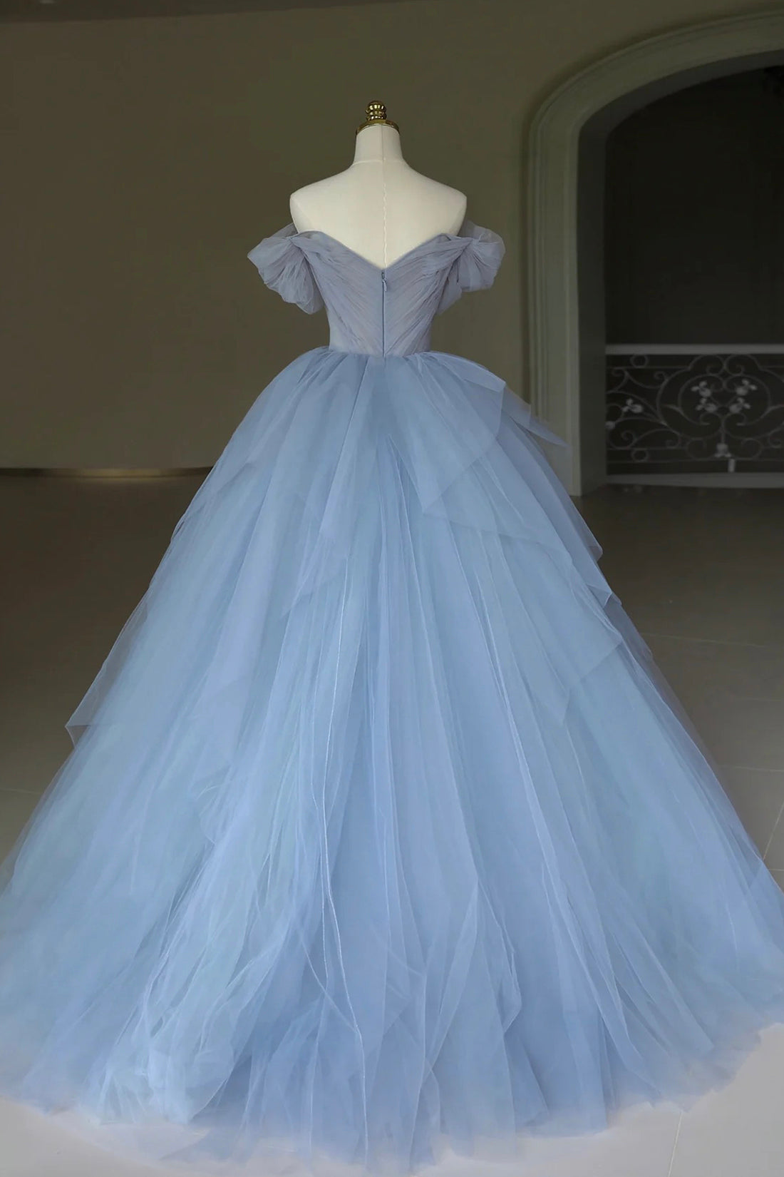 Kyra | Blue Tulle Floor Length Prom Dress, Off the Shoulder Evening Dress with 3D Flowers - Prom Dress - DYAVOR®