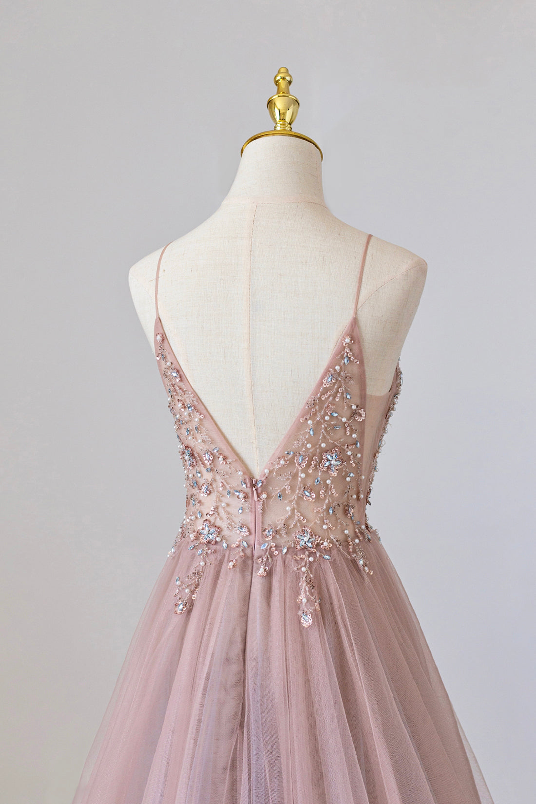 Yareli | Pink Tulle Long A-Line Prom Dress, Pink Spaghetti Formal Dress with Beaded - Prom Dress - DYAVOR®