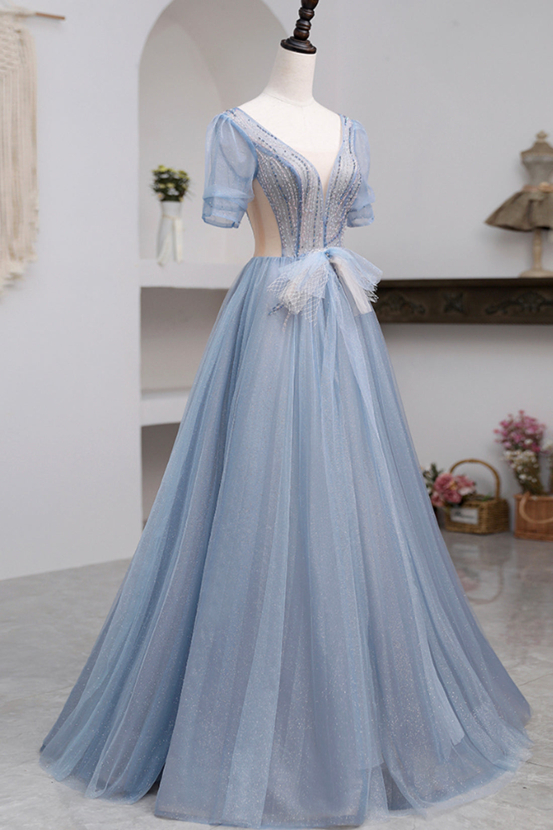 Khaleesi | Blue Short Sleeve Tulle Floor Length Prom Dress with Beaded - Prom Dress - DYAVOR®