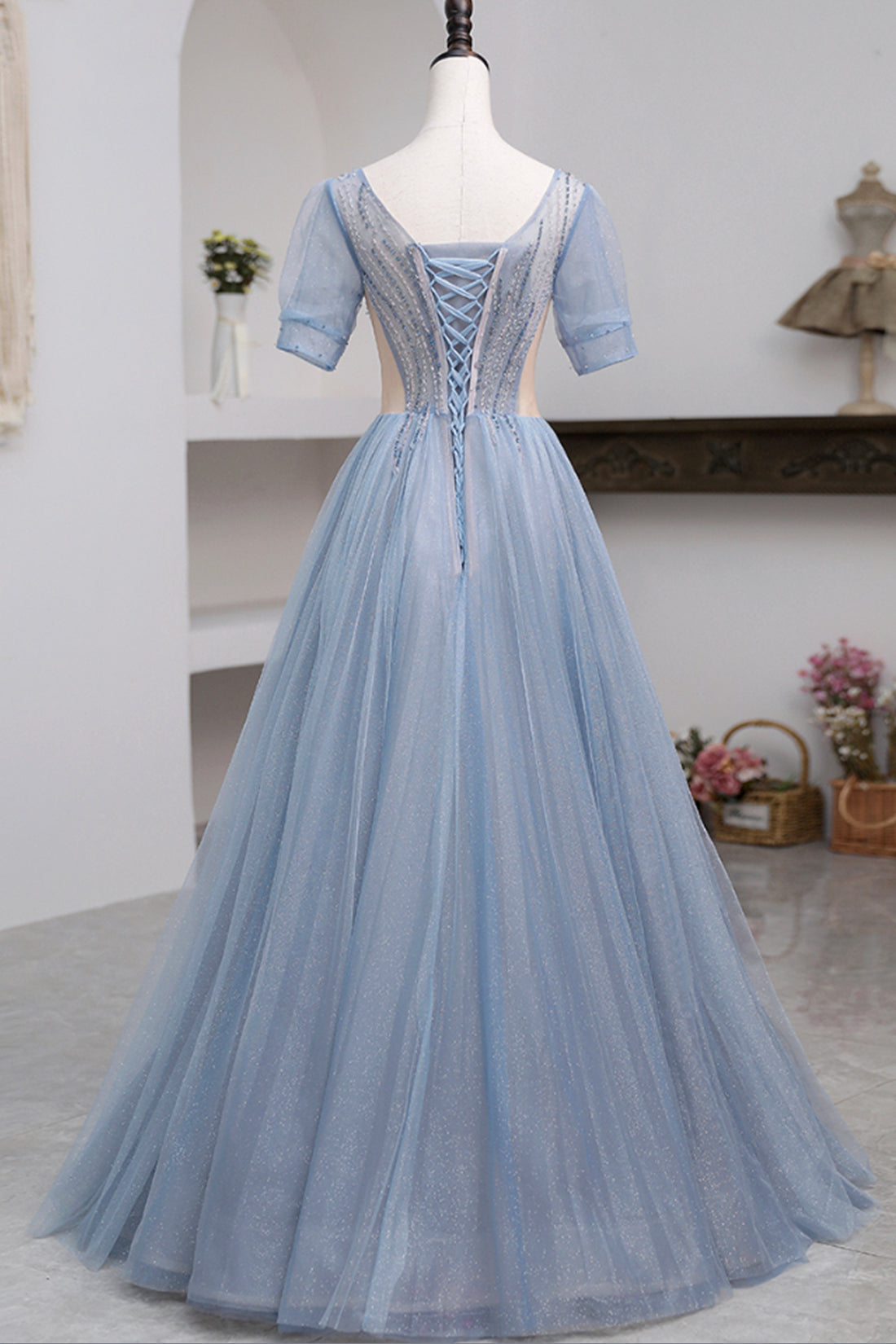 Khaleesi | Blue Short Sleeve Tulle Floor Length Prom Dress with Beaded - Prom Dress - DYAVOR®