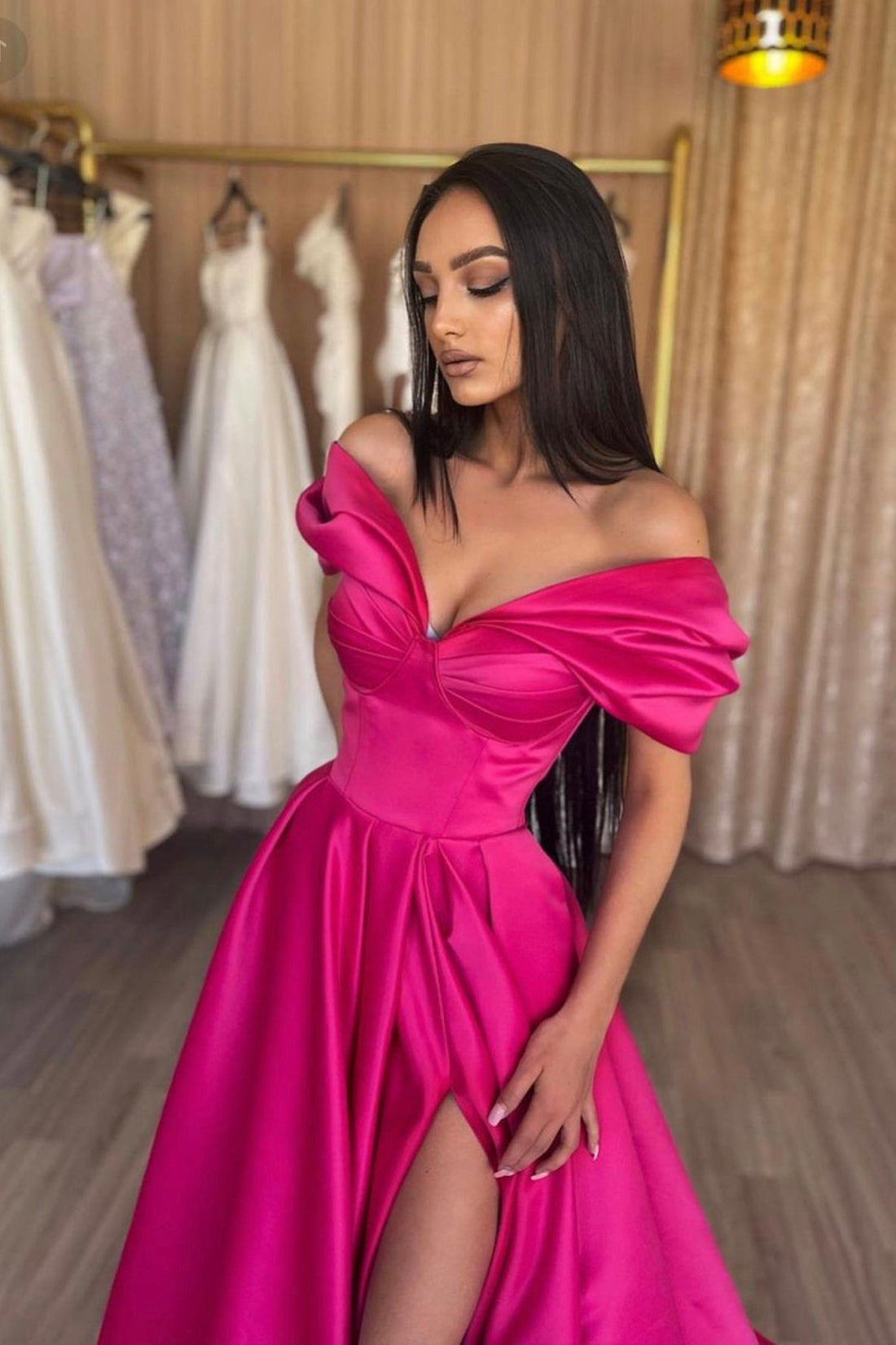 Murphy | Stylish A-Line Off the Shoulder Satin Long Prom Dress, Hot Pink Satin Pleats Evening Dress with Slit - Prom Dress - DYAVOR®