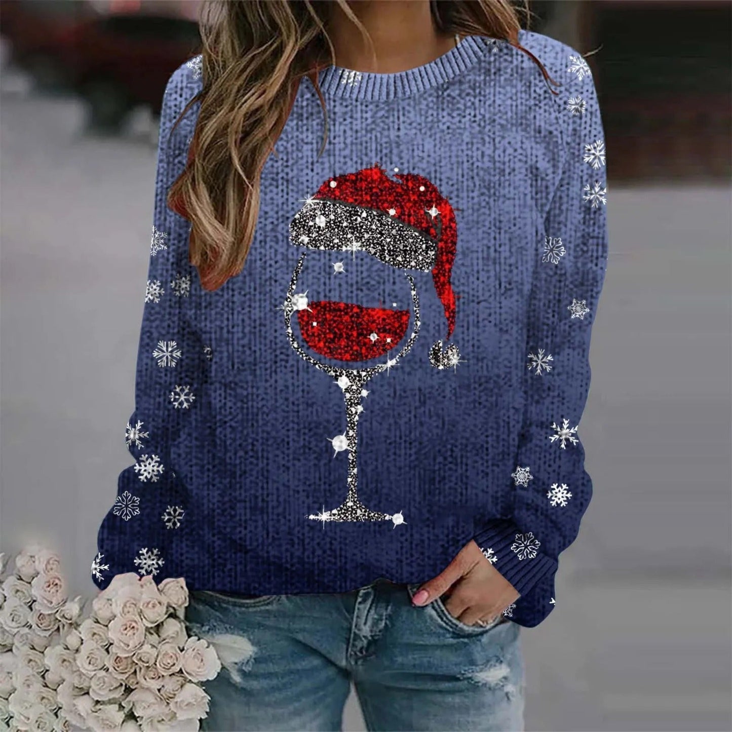 Sabina - Warm sweater with Christmas wine glass and printed Santa hat for women