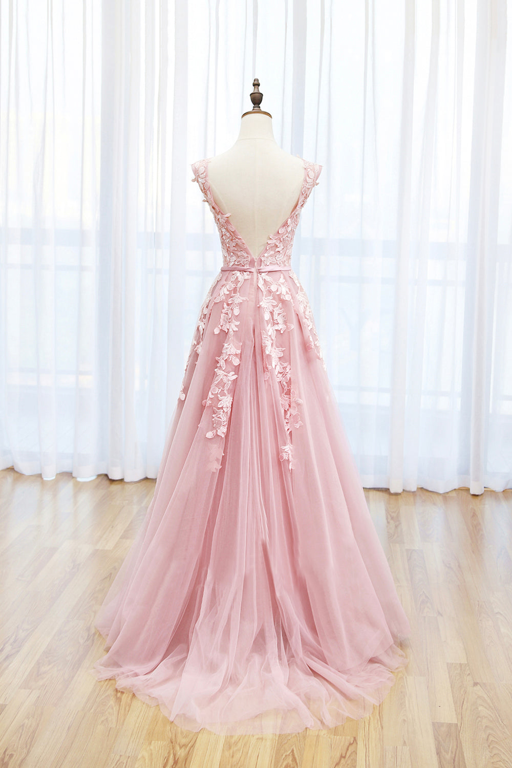 Irene | Pink Tulle Lace Long Prom Dress, Lovely A-Line Open Back Evening Dress - Prom Dress - DYAVOR®