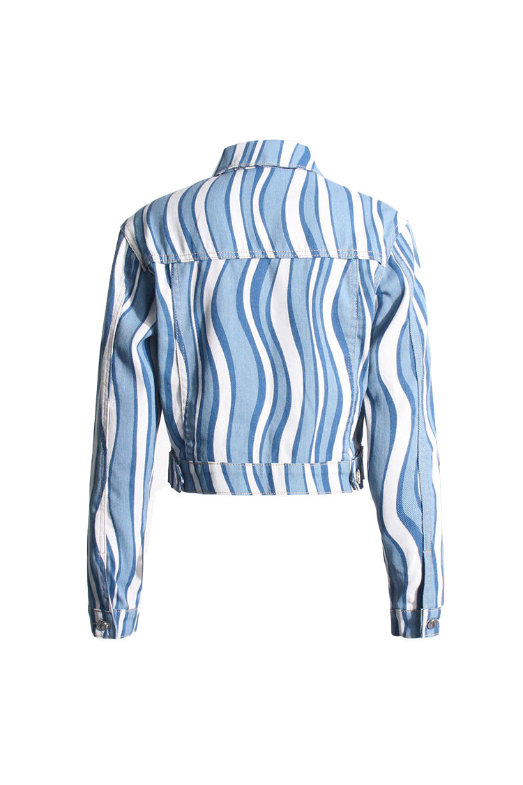 Vintage Contrast Wave Print Point Collar Button Down Cropped Denim Jacket - Denim - DYAVOR®