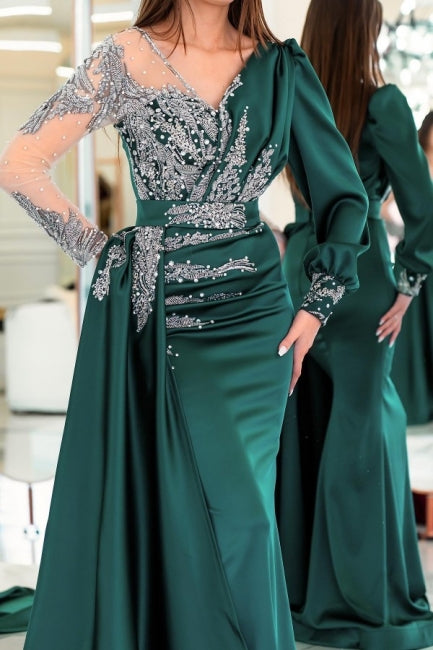 Vintage V-neck long sleeves column mermaid Prom dresses with ruffles - Prom Dresses - DYAVOR®