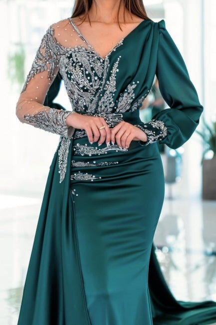 Vintage V-neck long sleeves column mermaid Prom dresses with ruffles - Prom Dresses - DYAVOR®