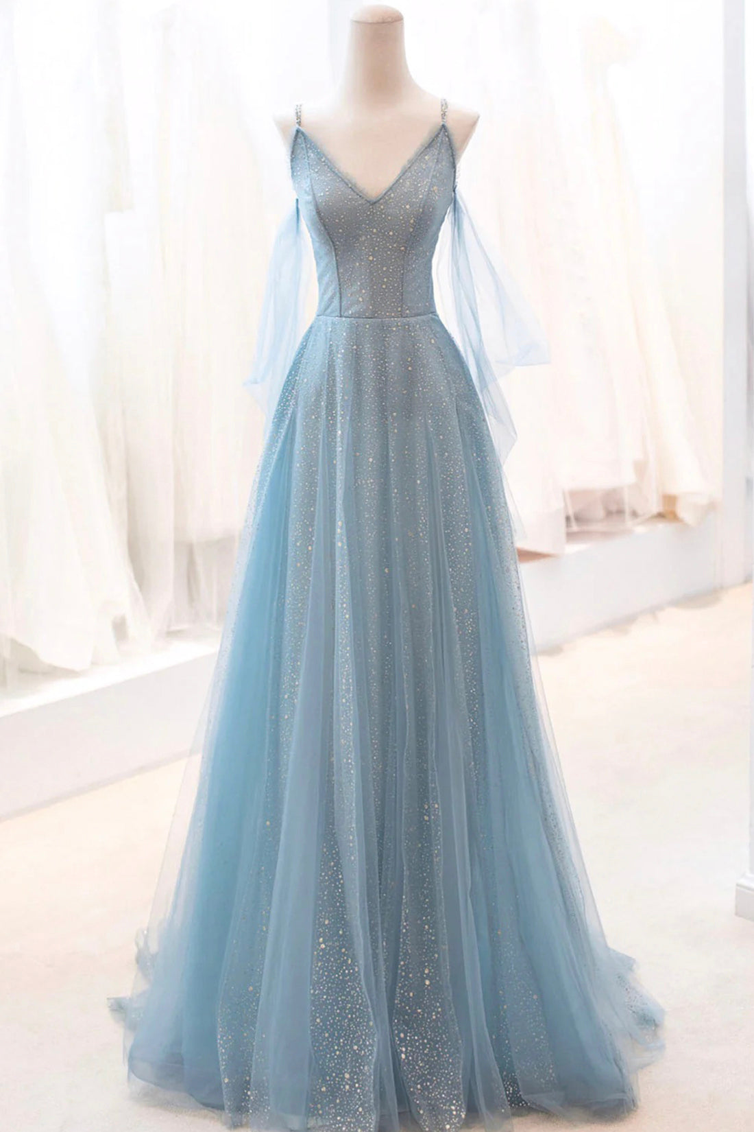 Kathryn | Dusty Blue Sparkly Tulle Long Prom Dress, A-Line Spaghetti Strap Evening Dress - Prom Dress - DYAVOR®
