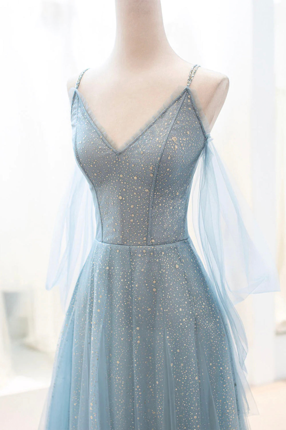 Kathryn | Dusty Blue Sparkly Tulle Long Prom Dress, A-Line Spaghetti Strap Evening Dress - Prom Dress - DYAVOR®