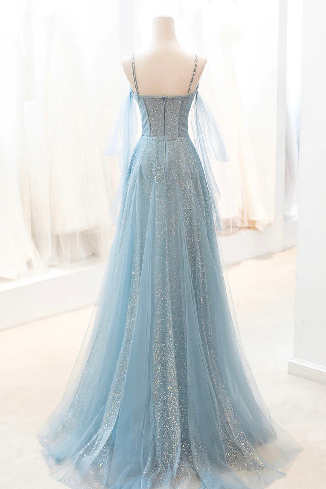 Kathryn | Dusty Blue Sparkly Tulle Long Prom Dress, A-Line Spaghetti Strap Evening Dress - Prom Dress - DYAVOR®