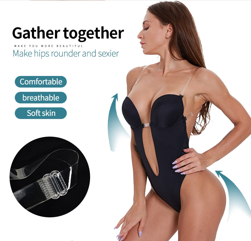 Women's Clear Strap Deep V Backless Padded Bra Bodysuit Slimmer - Slimmers - DYAVOR®