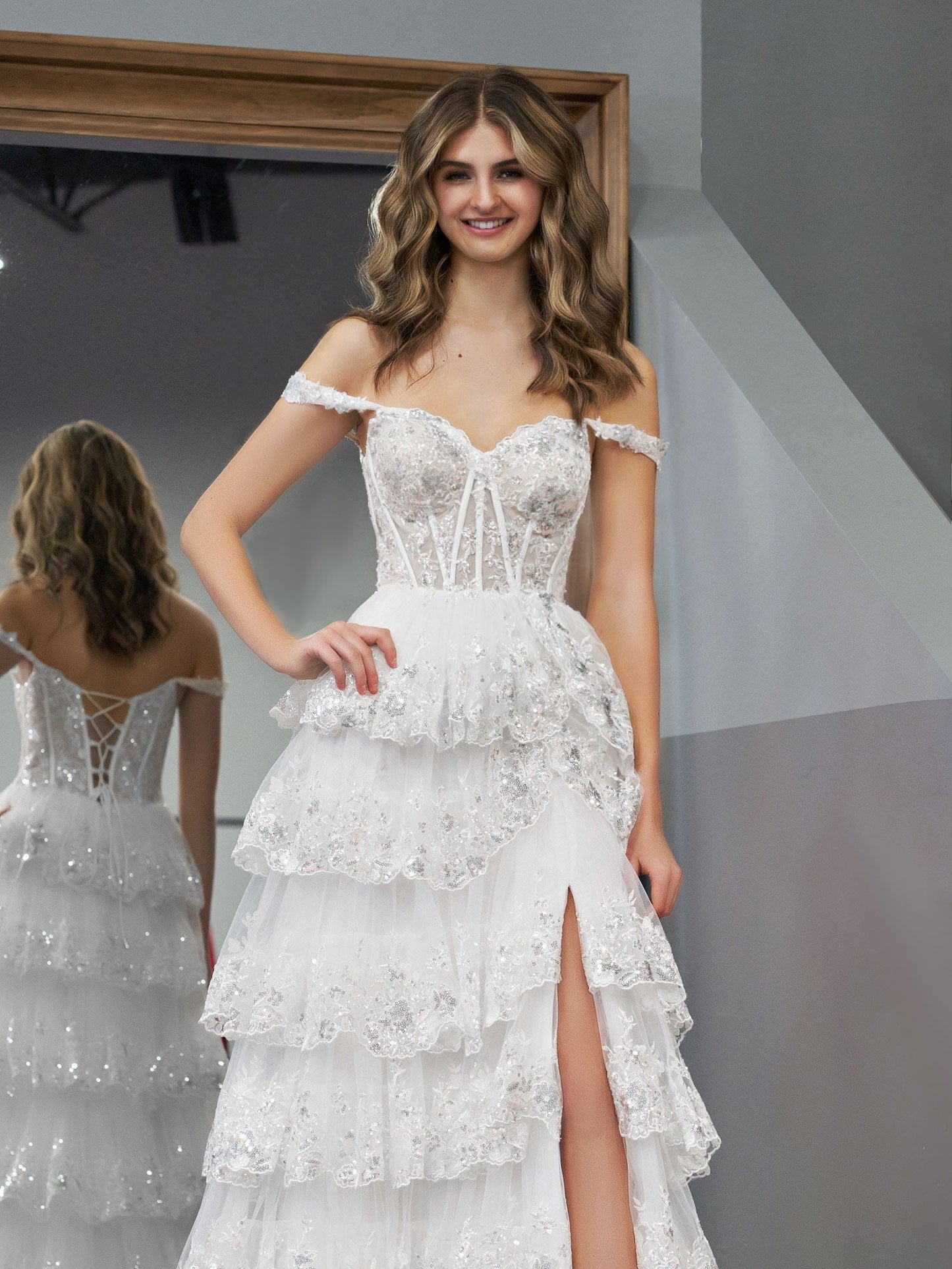 White Princess A Line Off the Shoulder White Corset Prom Dress with Lace Ruffles - Prom Dress - DYAVOR®