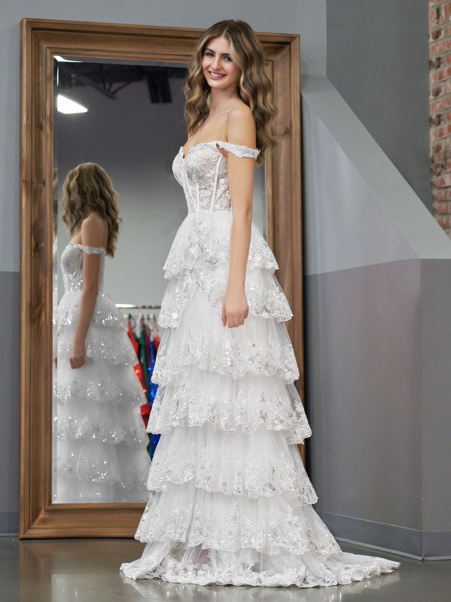 White Princess A Line Off the Shoulder White Corset Prom Dress with Lace Ruffles - Prom Dress - DYAVOR®