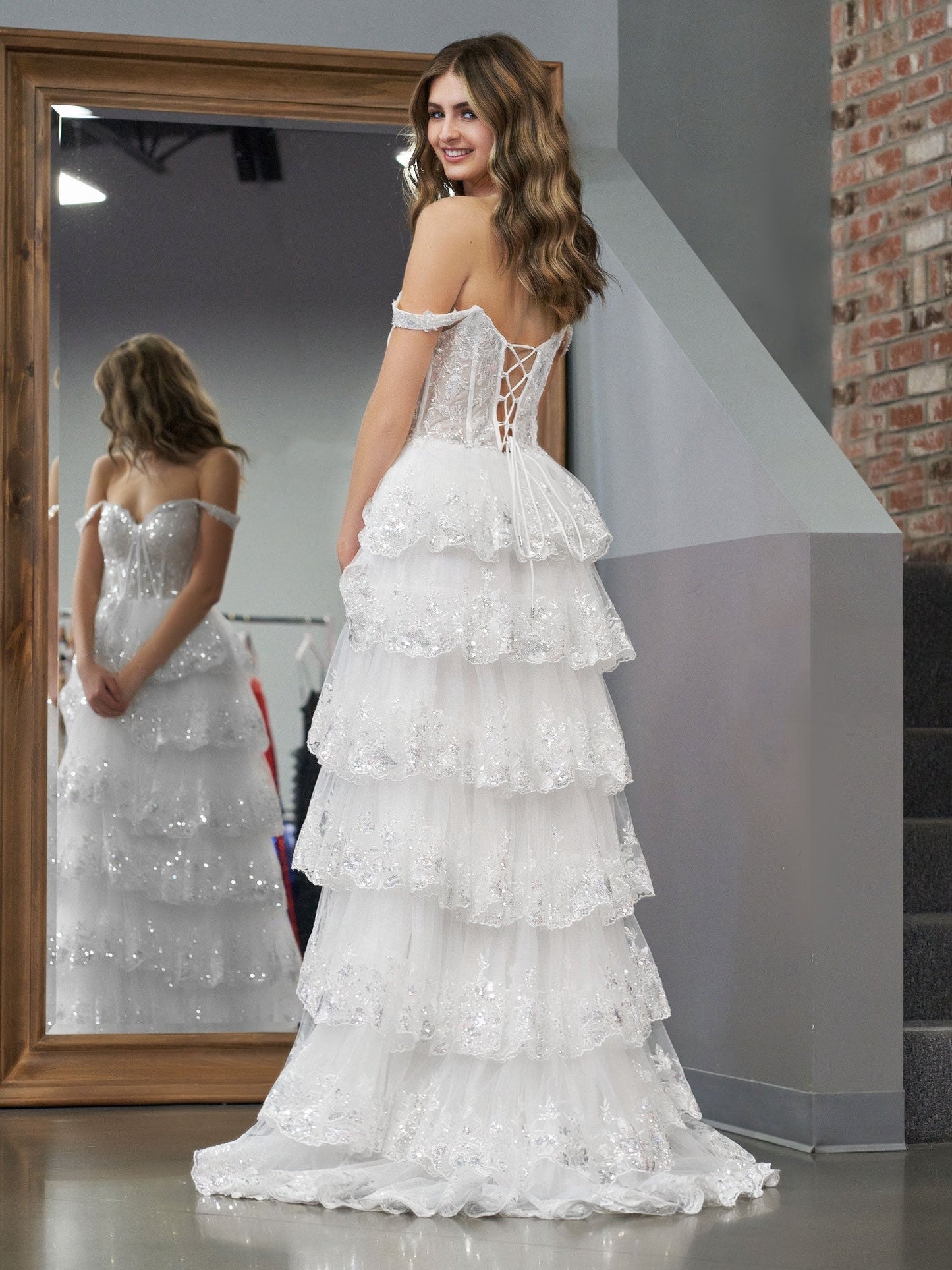 White Princess A Line Off the Shoulder White Corset Prom Dress with Lace Ruffles - Prom Dress - DYAVOR®
