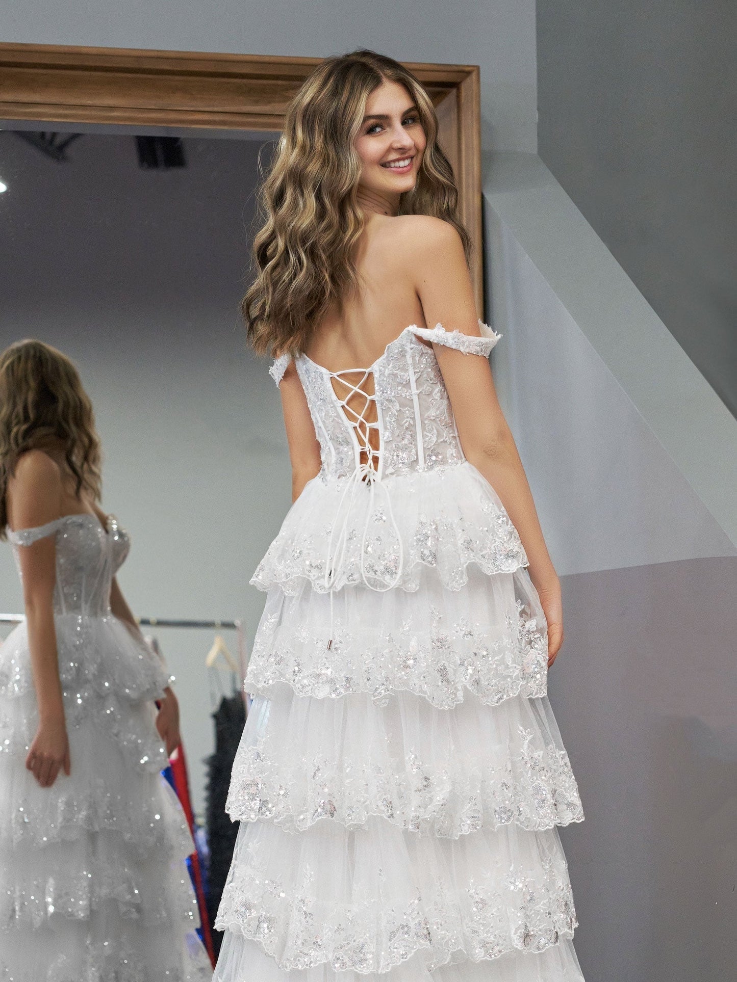 White Princess A Line Off the Shoulder White Corset Prom Dress with Lace Ruffles - Prom Dress - DYAVOR®