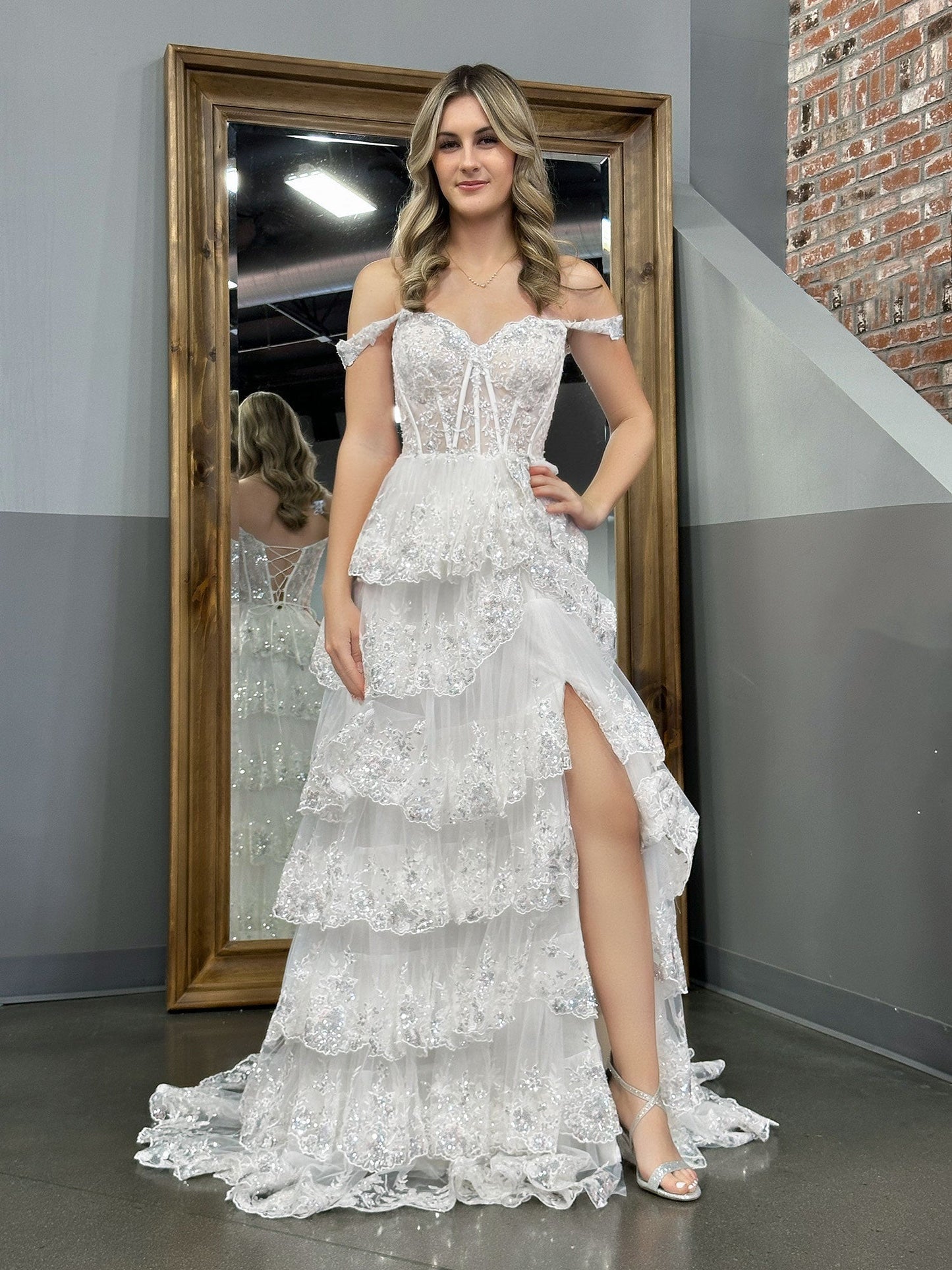 White Princess A Line Off the Shoulder White Corset Prom Dress with Lace Ruffles - Prom Dress - DYAVOR®