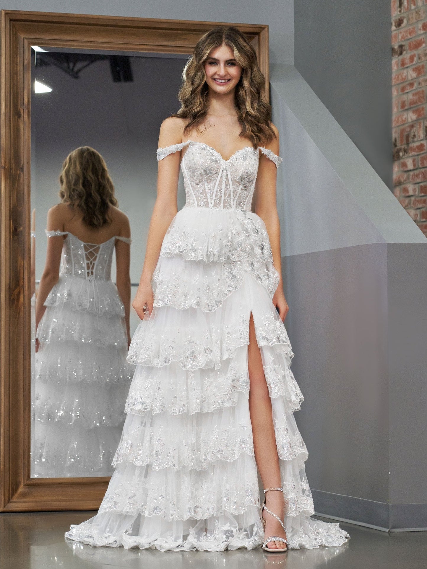White Princess A Line Off the Shoulder White Corset Prom Dress with Lace Ruffles - Prom Dress - DYAVOR®