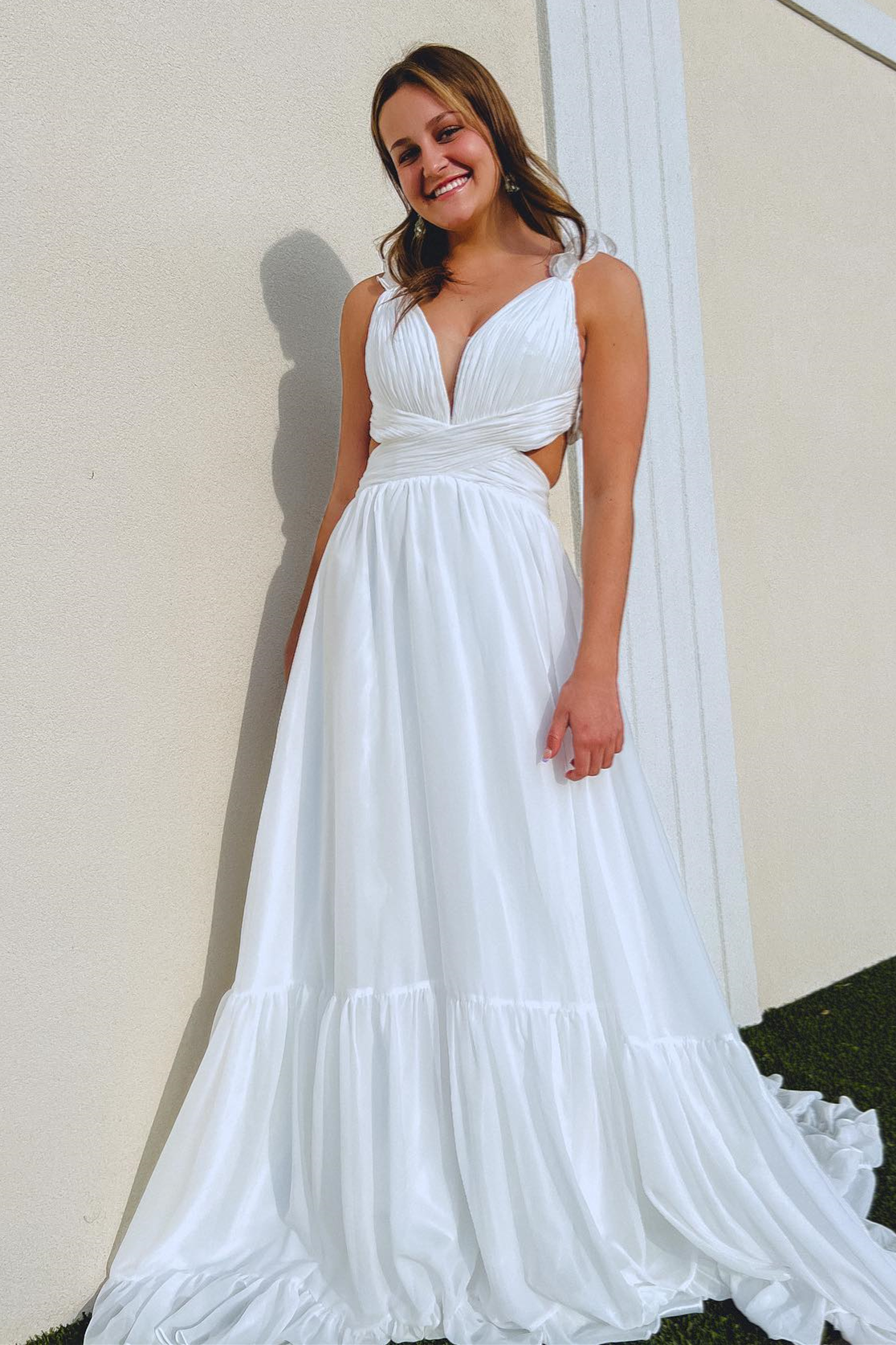 White Ruffle Straps Pleated Cut-Out Deep V Long Prom Dress - Prom Dresses - DYAVOR®