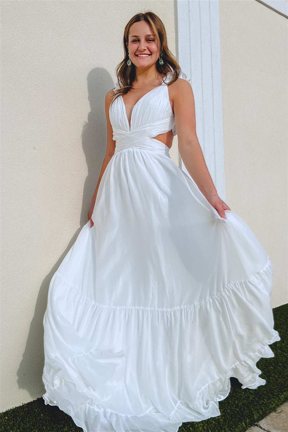 White Ruffle Straps Pleated Cut-Out Deep V Long Prom Dress - Prom Dresses - DYAVOR®