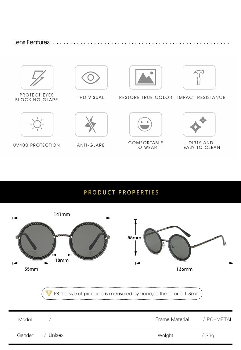 Women's Luxury Metal Chain Round Oversized Fashion Sunglasses - Women Sunglasses - DYAVOR®