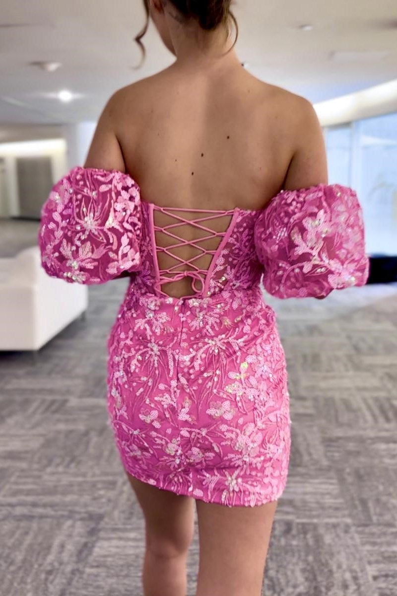 Zahra | Hot Pink Sequin Lace Strapless Short Dress with Detachable Sleeves - Prom Dress - DYAVOR®