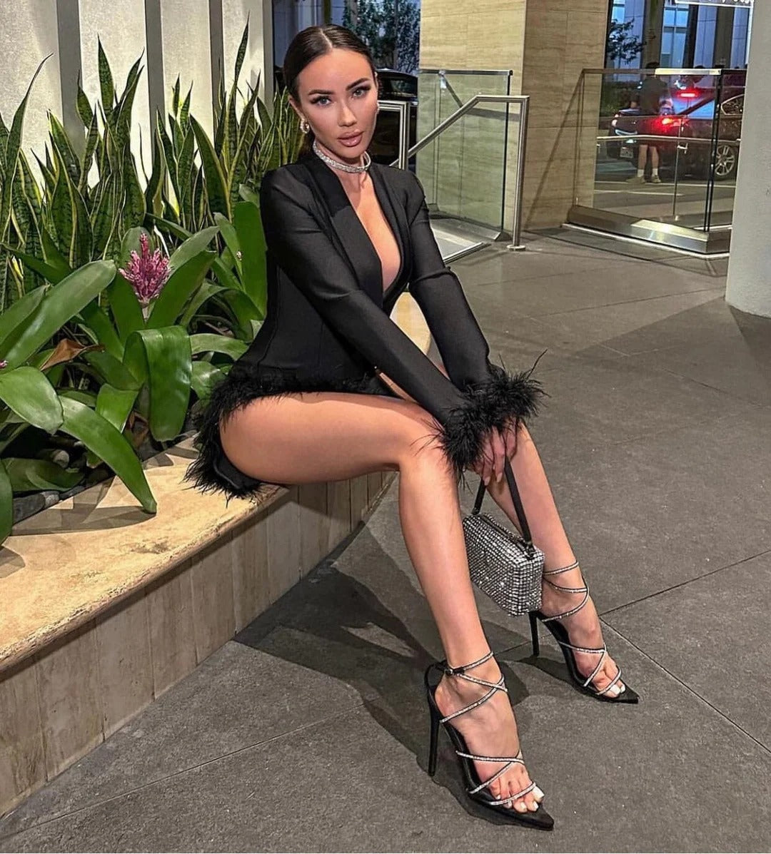 Black Blazer Dress with Feathers - - DYAVOR®