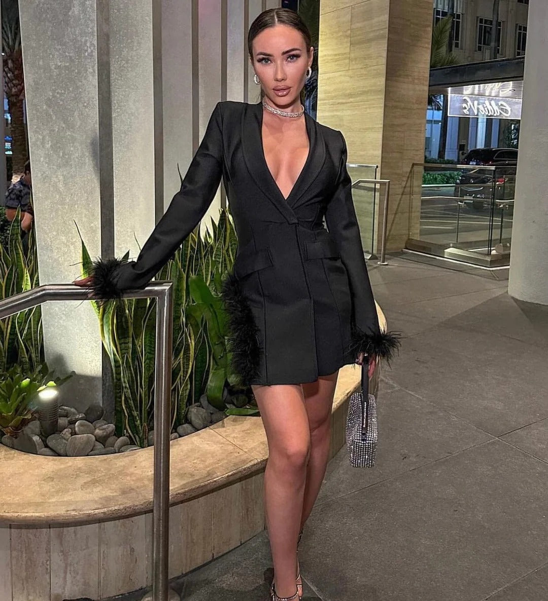 Black Blazer Dress with Feathers - - DYAVOR®