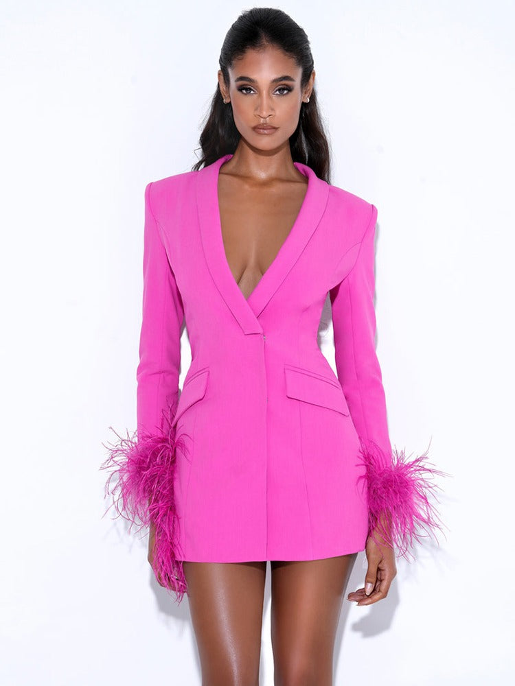 Pink Blazer Dress with Feathers - - DYAVOR®