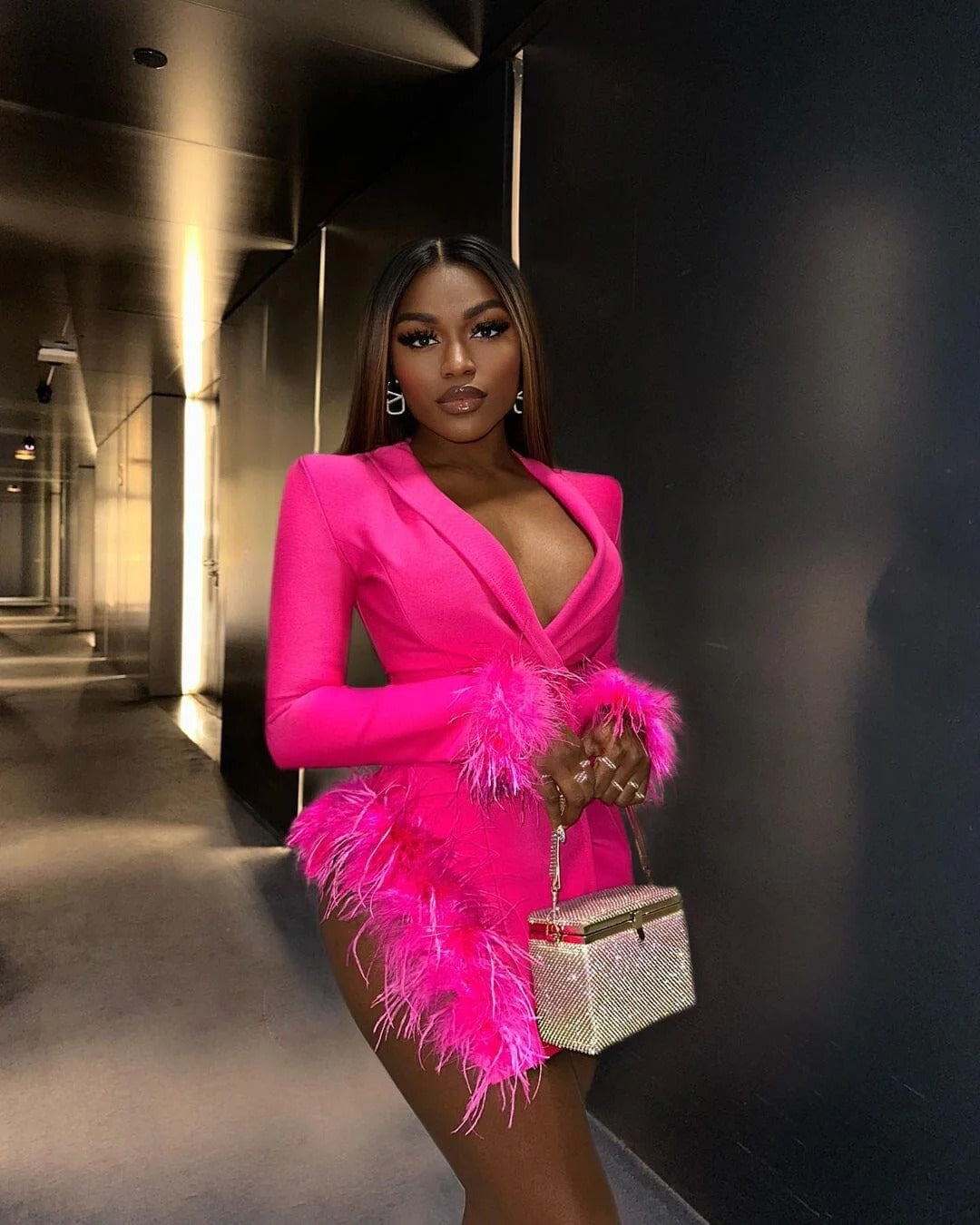 Pink Blazer Dress with Feathers - - DYAVOR®