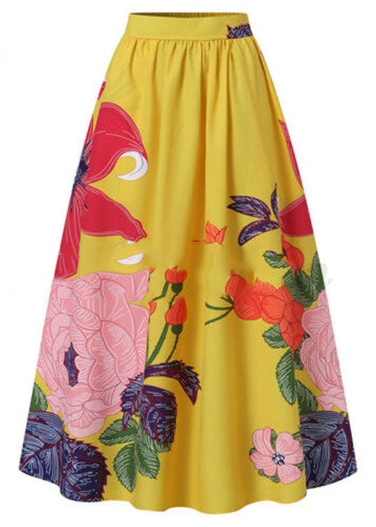 Bohemian Yellow High Waist Pockets Floral Print Cotton A Line Skirt Summer - Skirts - DYAVOR®