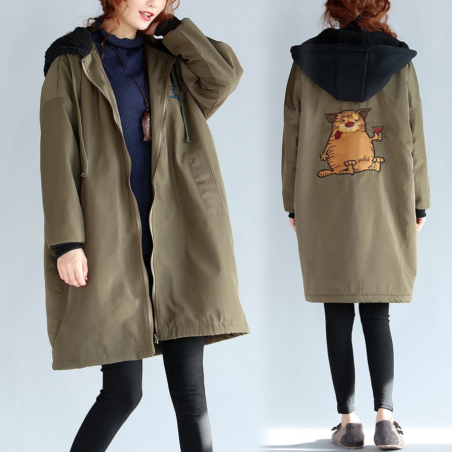 2021 green plus size cotton thick coats cartoon prints hooded warm zippered trench coats - - DYAVOR®