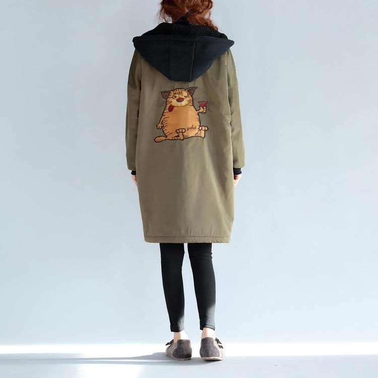 2021 green plus size cotton thick coats cartoon prints hooded warm zippered trench coats - - DYAVOR®