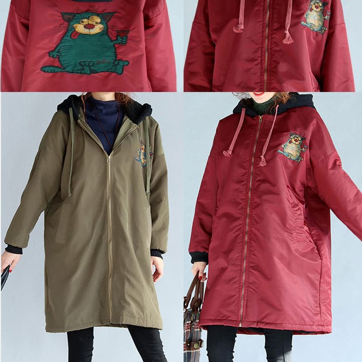 2021 green plus size cotton thick coats cartoon prints hooded warm zippered trench coats - - DYAVOR®