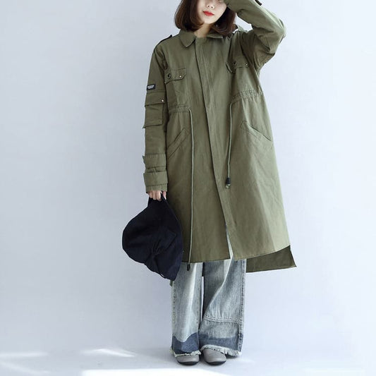 2021 pockets green casual cotton parka plus size tie waist long sleeve trench coats -  - DYAVOR®