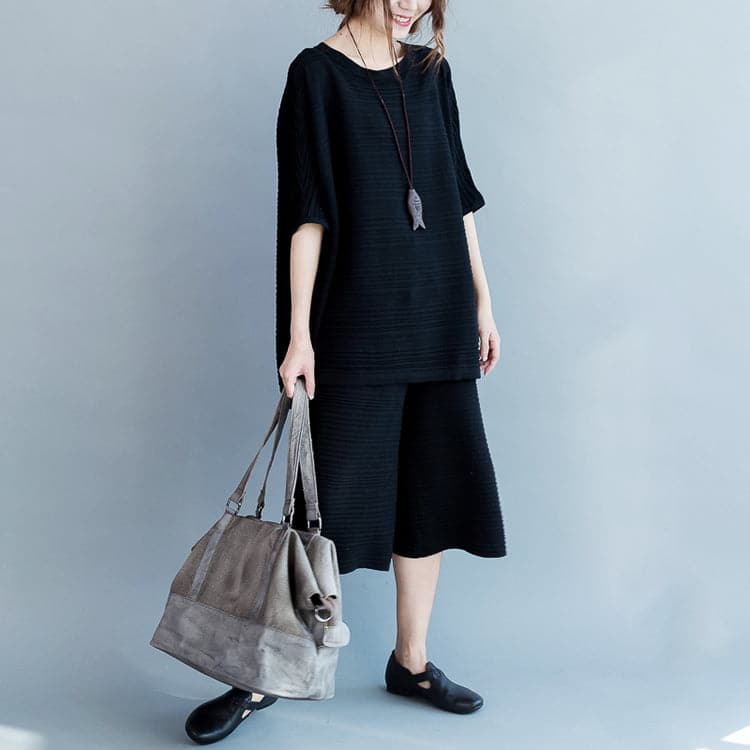 Stylish black cotton thin sweaters and casual wide leg pants knit two pieces - - DYAVOR®