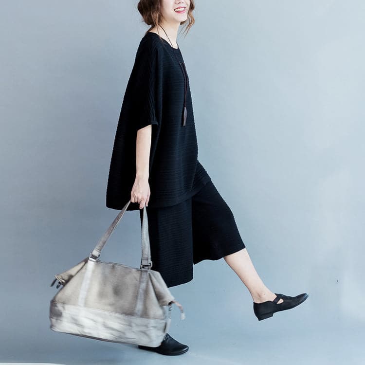 Stylish black cotton thin sweaters and casual wide leg pants knit two pieces - - DYAVOR®