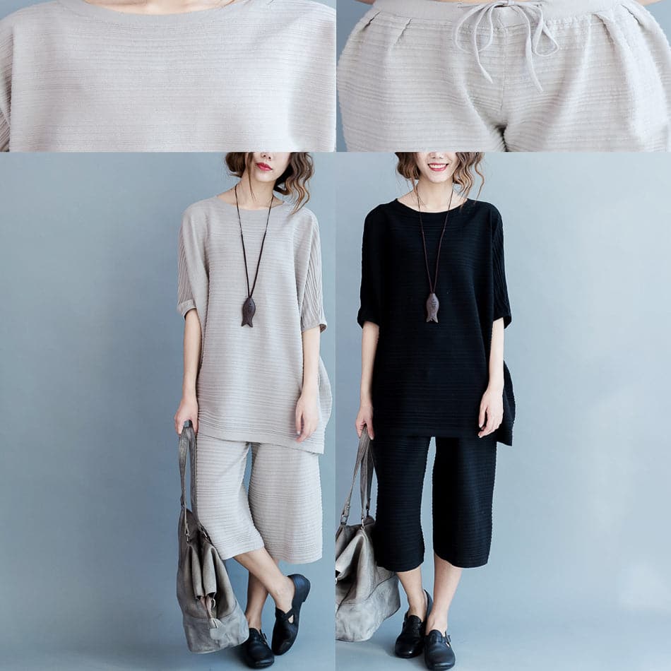 Stylish black cotton thin sweaters and casual wide leg pants knit two pieces - - DYAVOR®