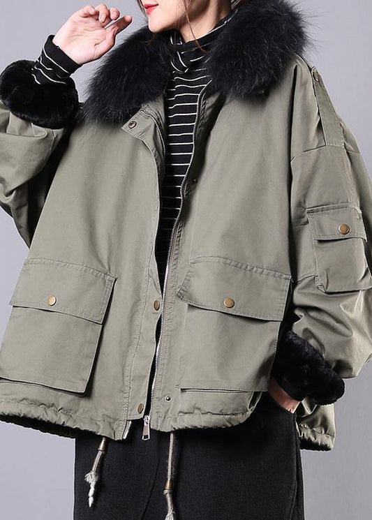 Army green casual outfit oversize snow jackets pockets faux fur collar winter coats -  - DYAVOR®