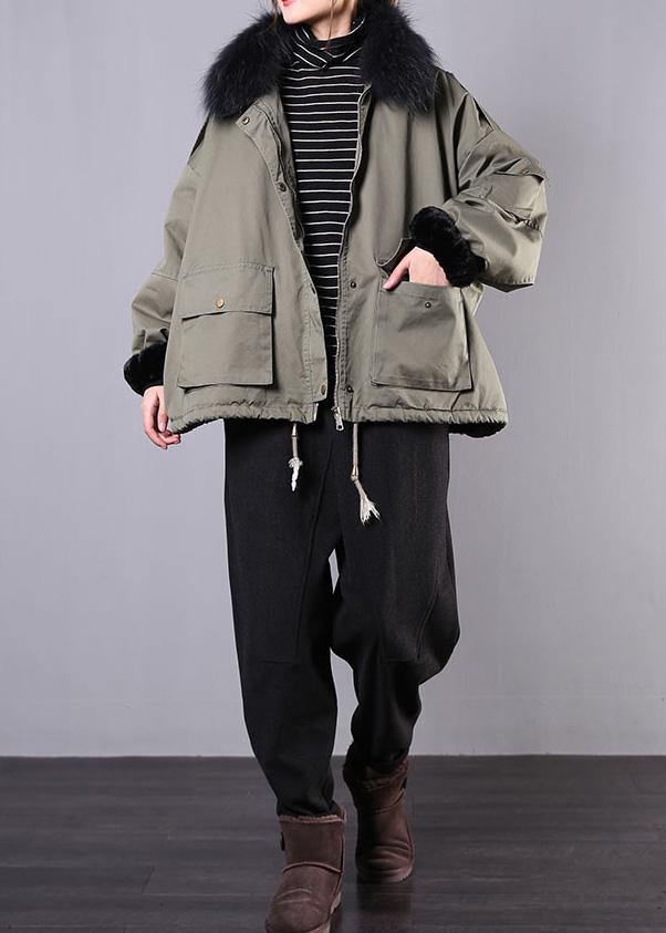 Army green casual outfit oversize snow jackets pockets faux fur collar winter coats - - DYAVOR®