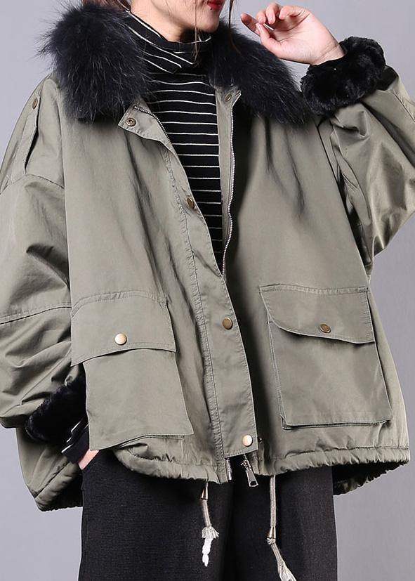 Army green casual outfit oversize snow jackets pockets faux fur collar winter coats - - DYAVOR®