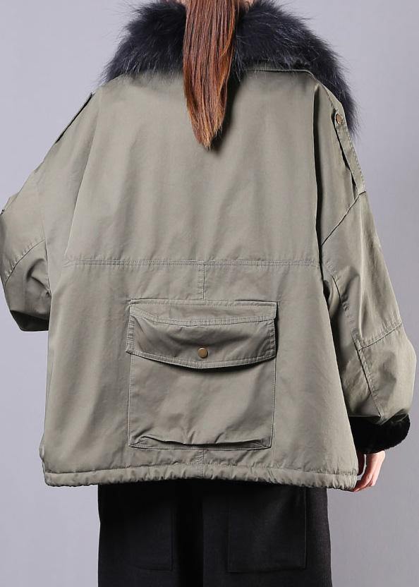 Army green casual outfit oversize snow jackets pockets faux fur collar winter coats - - DYAVOR®