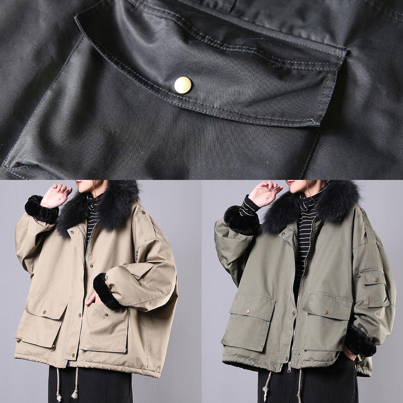 Army green casual outfit oversize snow jackets pockets faux fur collar winter coats - - DYAVOR®
