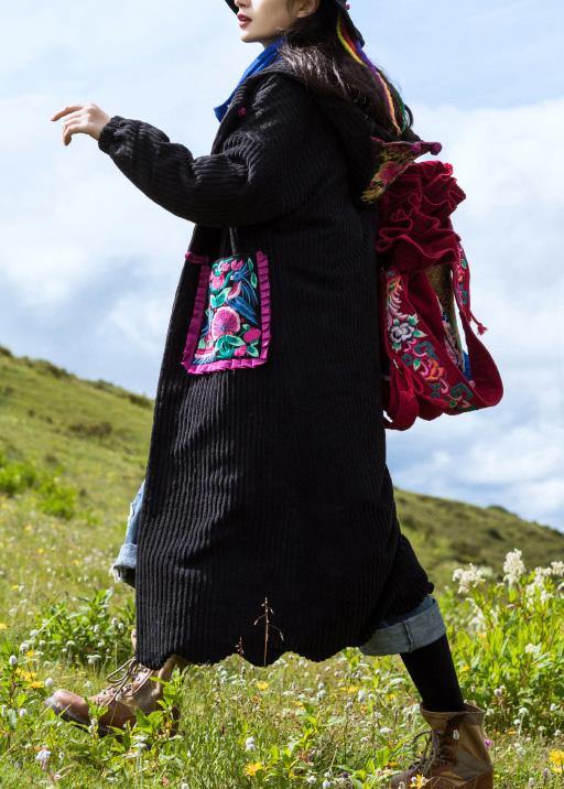 Black Parkas for women plus size Jackets & Coats embroidery ruffles hem outwear - - DYAVOR®