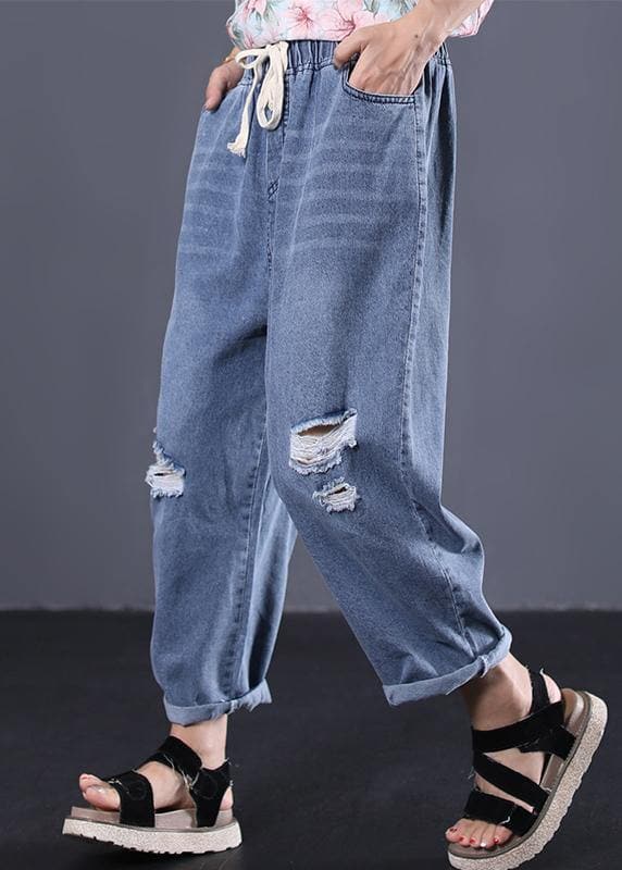 New denim blue plus size pants elastic waist drawstring ripped Jeans - - DYAVOR®