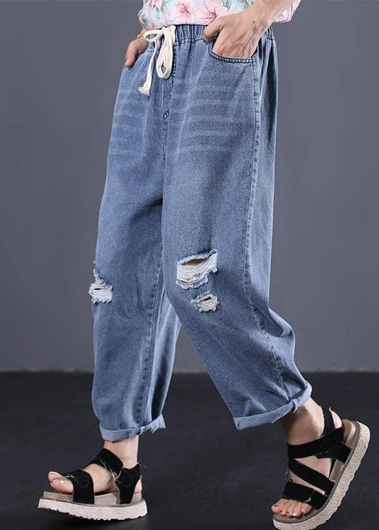 New denim blue plus size pants elastic waist drawstring ripped Jeans -  - DYAVOR®