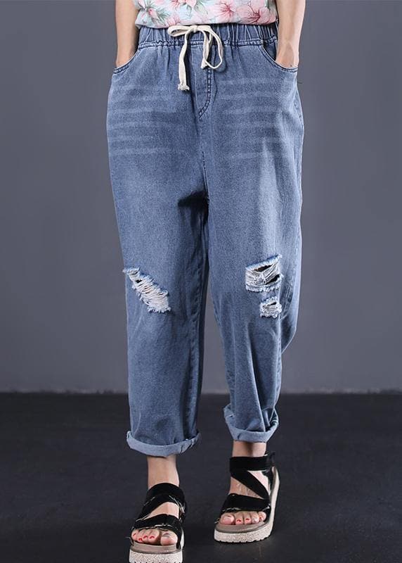 New denim blue plus size pants elastic waist drawstring ripped Jeans - - DYAVOR®