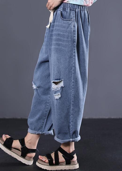 New denim blue plus size pants elastic waist drawstring ripped Jeans - - DYAVOR®