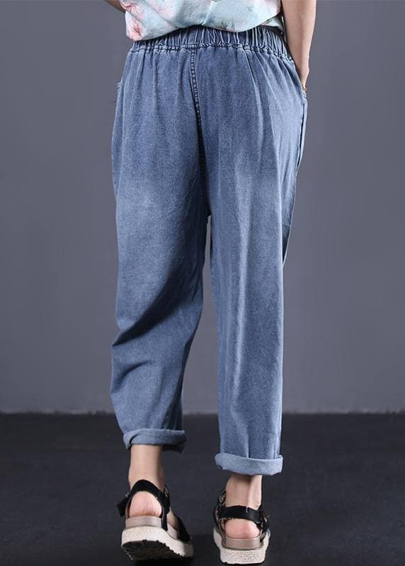 New denim blue plus size pants elastic waist drawstring ripped Jeans - - DYAVOR®